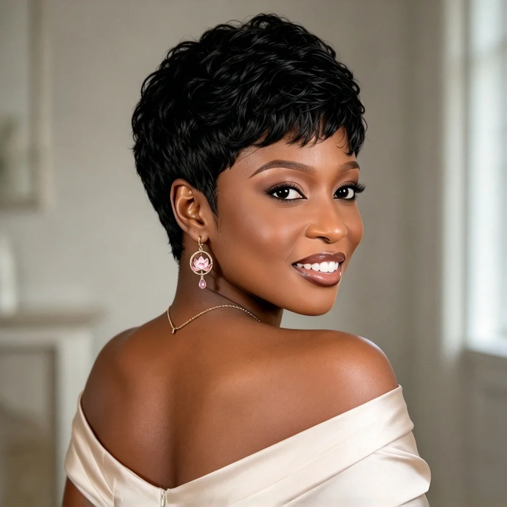 180% Density 6 Inch Pixie Curly Human Hair Wig Machine Made Wig Short Wig Natural Style For Women