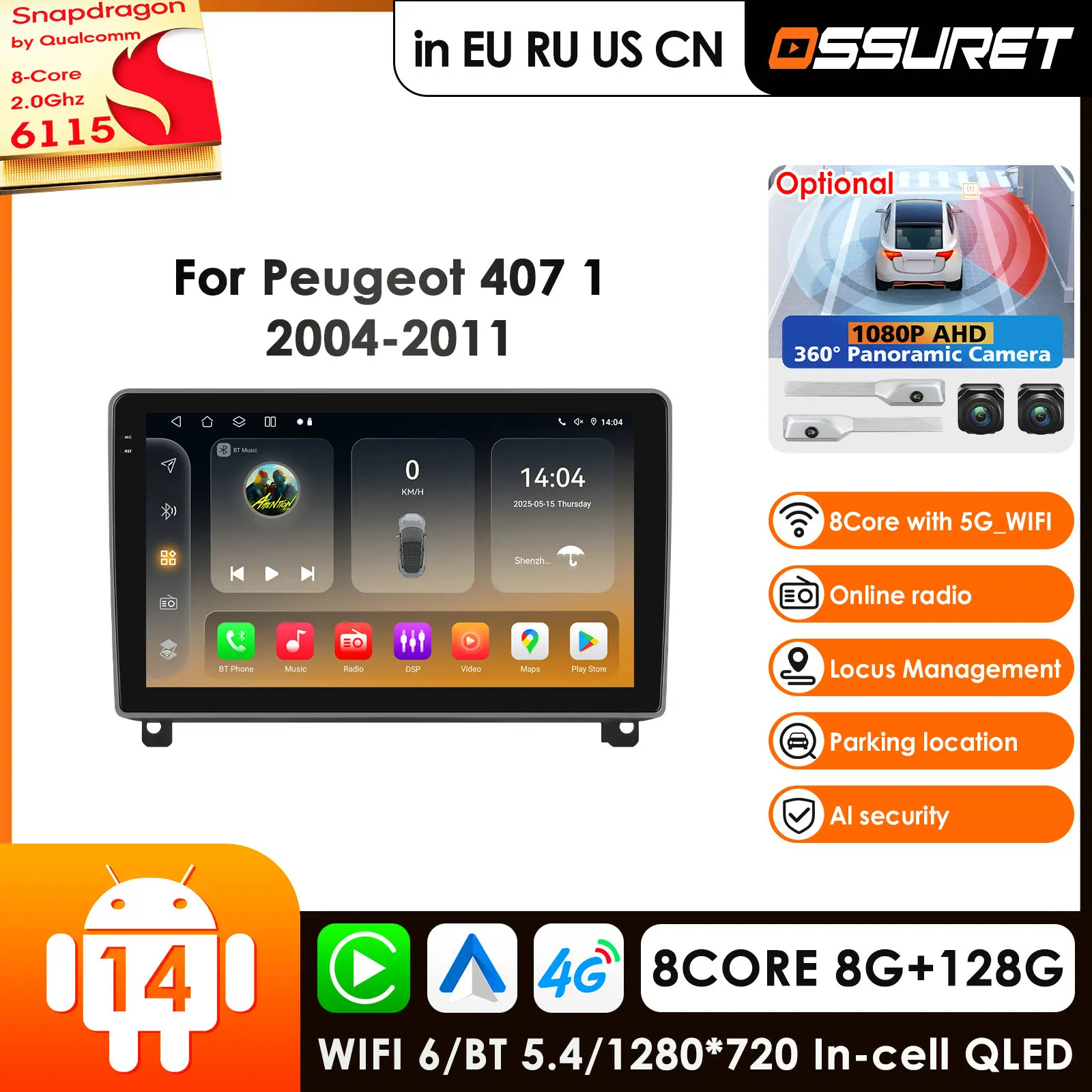 

Carplay 4G-LTE 360-камера Carplay Android 14 Автомобильный радиоприемник для Peugeot 407 SW CC 2004-2011, автомобильный мультимедийный плеер, GPS, авто стерео RDS