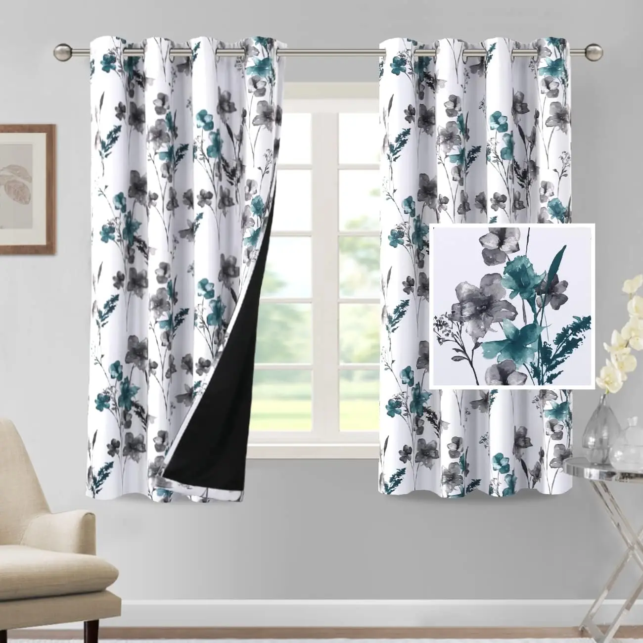 

100% Blackout Curtains 63 inch Length 2 Panels Set Cattleya Floral Printed Drapes Leah Floral Thermal Curtains for Bedro