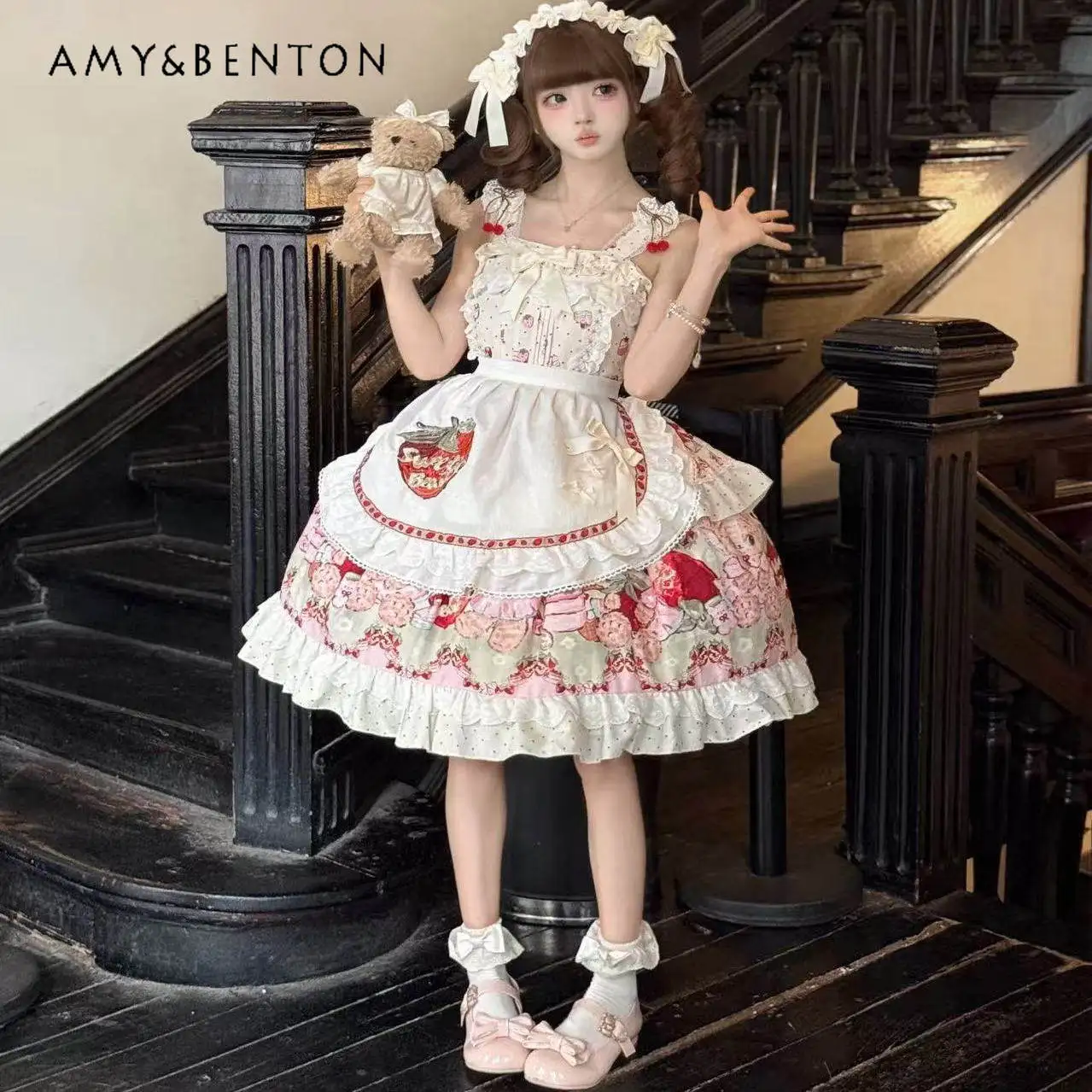 

Original Design Sweet Cute Printed Lolita Suspender Dress Pastoral Style Elegant Temperament Princess Dress Evening Dresses