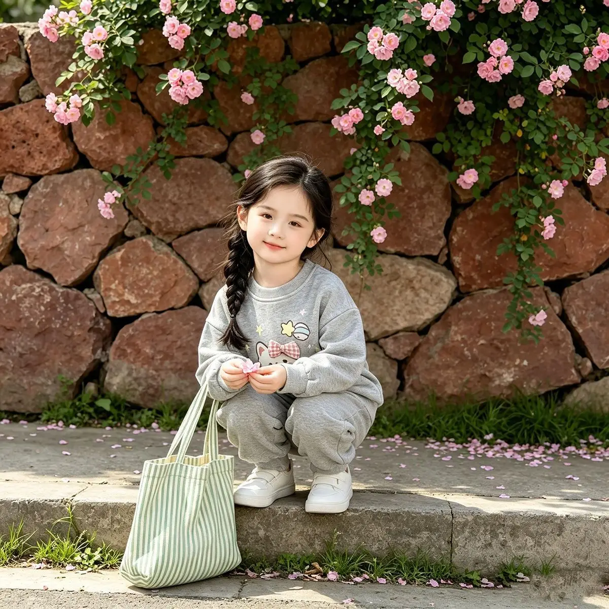 Mädchen-Cartoon-Katzen-Sweatshirt & Weitbein-Hosen-Set – Süßes koreanisches 2-teiliges Outfit für Kinder, lässige lockere Frühlings- und Herbstkleidung – Detail 10