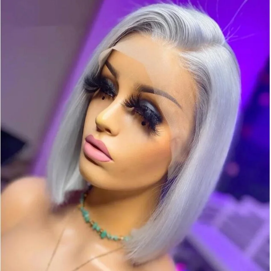 فضي رمادي بوب شعر مستعار 13x4 الدانتيل الشفاف الجبهة خصلات الشعر المستعار الإنسان للنساء الدانتيل شعر مستعار أمامي 100% البرازيلي بوب الشعر قبل قطعها