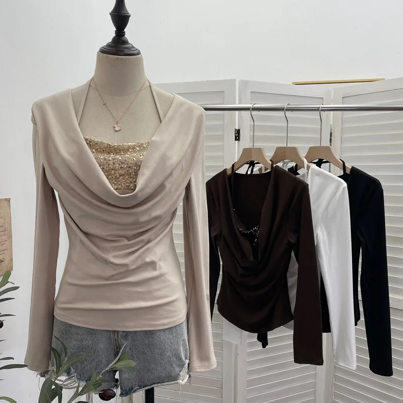 Fake Two Piece T-shirt With Sequins Hanging Neck Patchwork Draped Neckline Long Sleeve For Spicy Girls Slim Fit Wrinkled Top2829