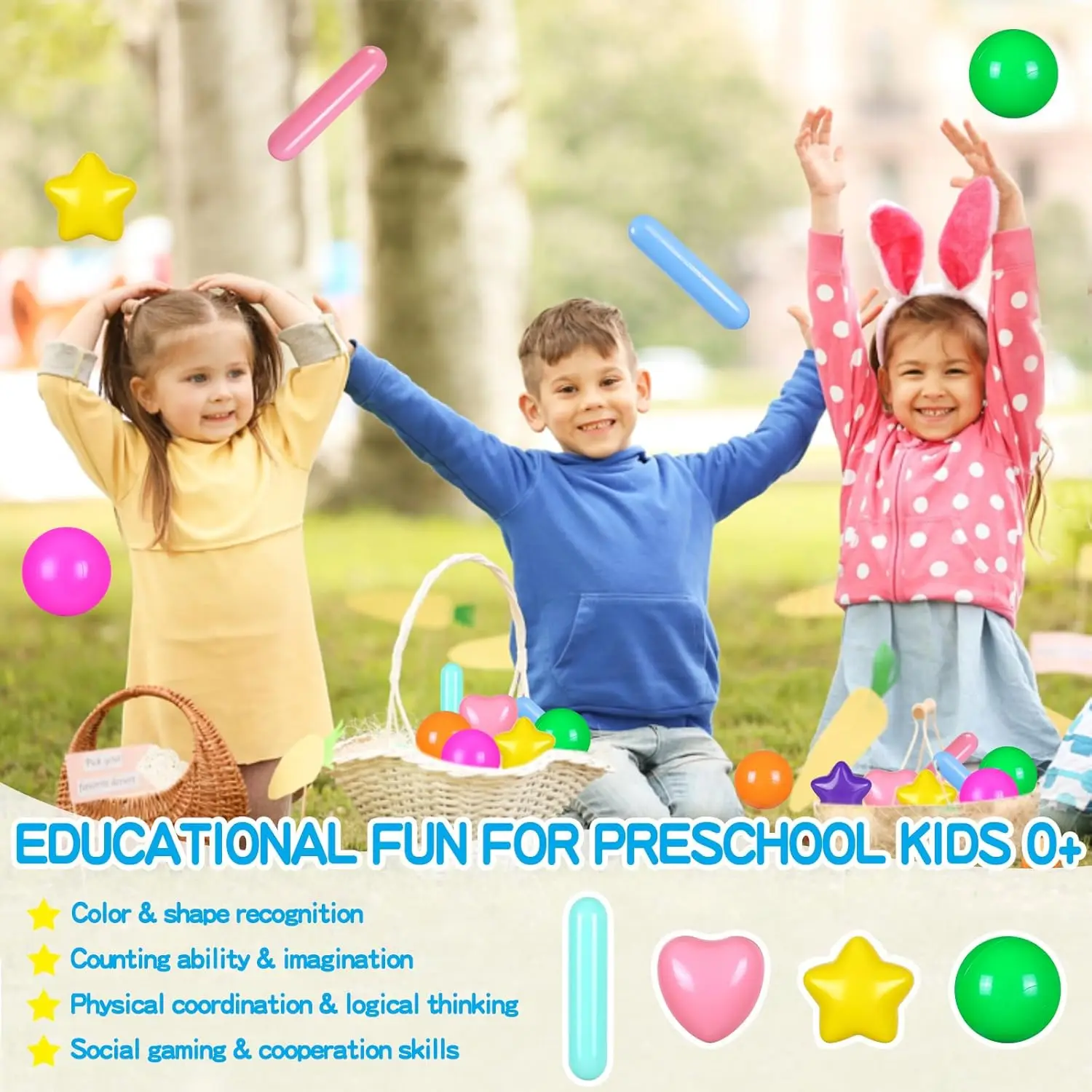 Boules de fosse à balles pour fosses à balles, 150 pièces, balles de jouet en plastique anti-écrasement pour bébés et tout-petits, 4 formes, jouets de jeu réutilisables pour enfants wi