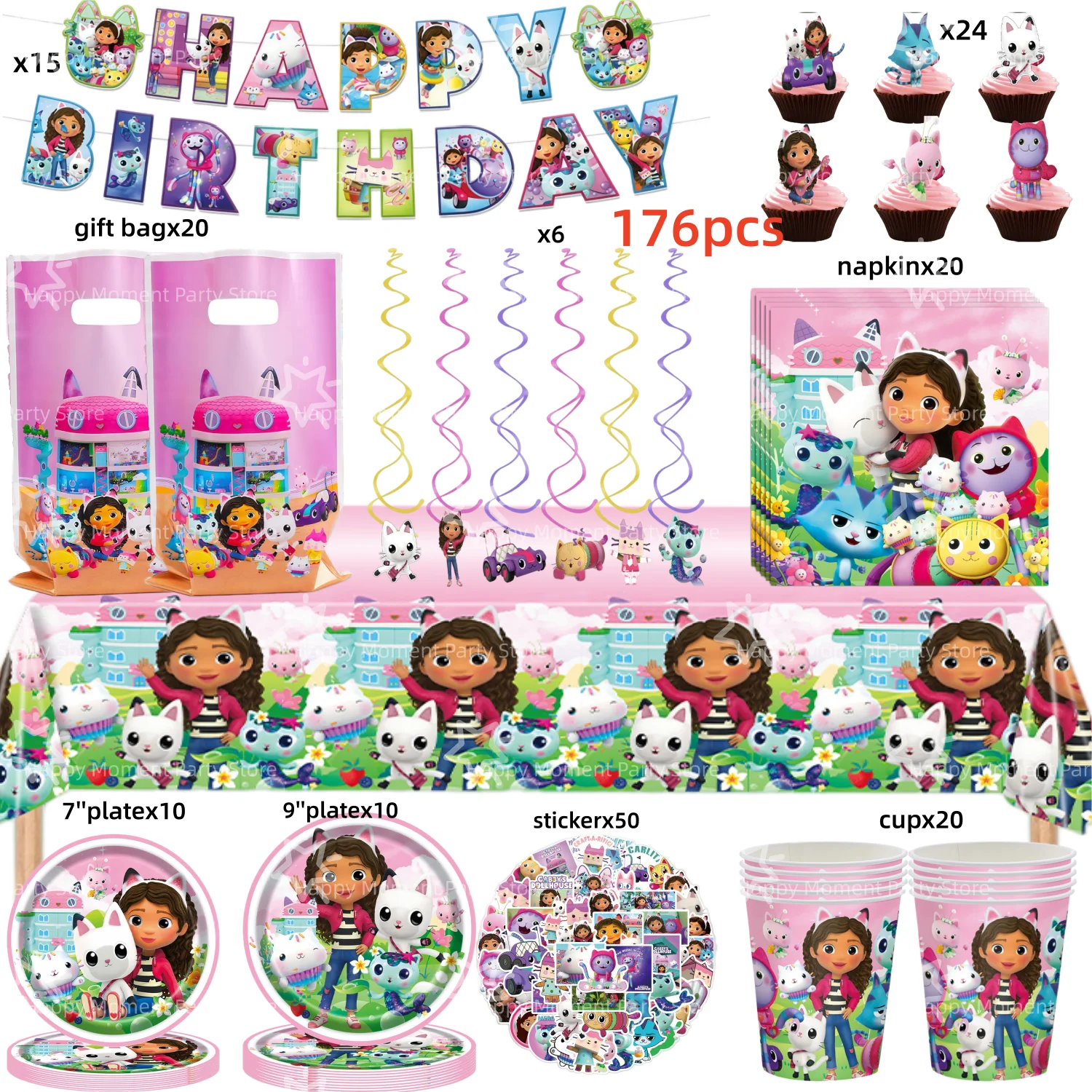 Image of Gabby Geburtstagsparty-Set Einweggeschirr Gabby Katze Tischdecke Becher Teller Servietten Tasche Ballon Babyparty Gabby Partyzubehör