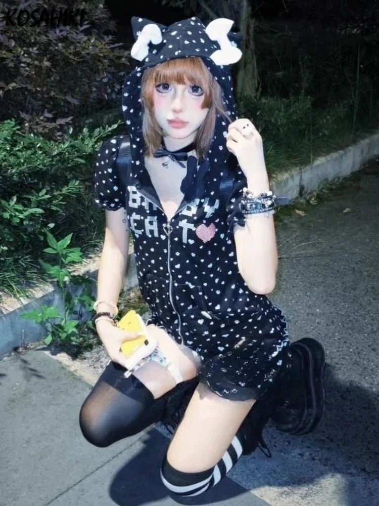 

Summer Y2k Aesthetic Two Piece Sets Streetwear Casual Print Zip Hooded Tops + Harajuku Ruffled Mini Shorts Female Grunge Suit