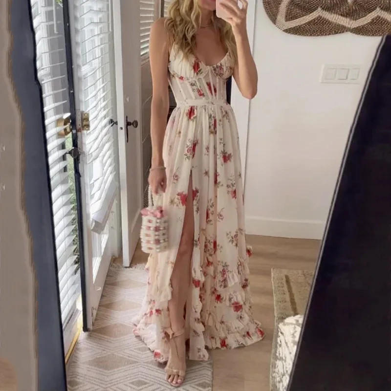 

Faionable Svel Split Loose Dr Women's Slim Printed Dr Holiday Sle All Seasons Polyester Material