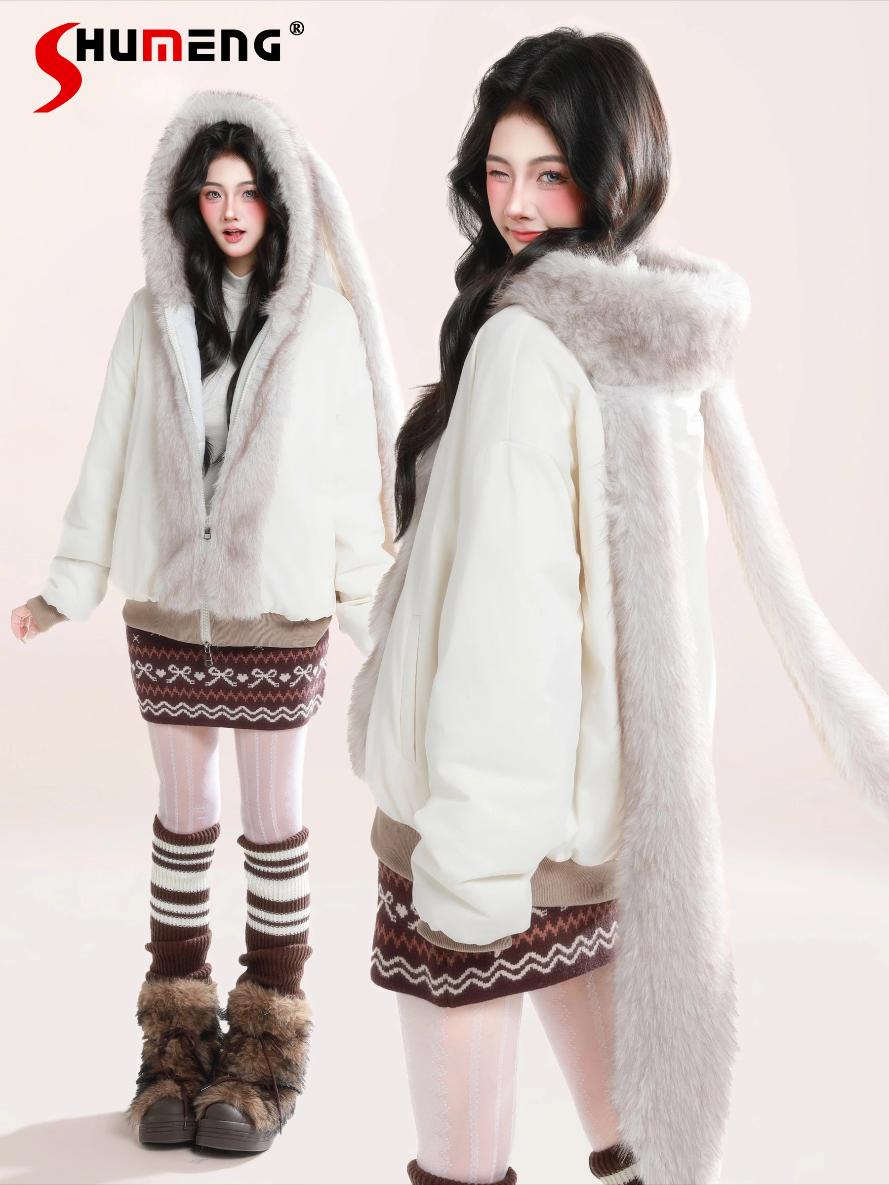Japonês doce kawaii menina inverno fofo casaco de pelúcia bonito coelho orelhas longas com capuz zíper grosso quente curto parkas jaqueta para mulher