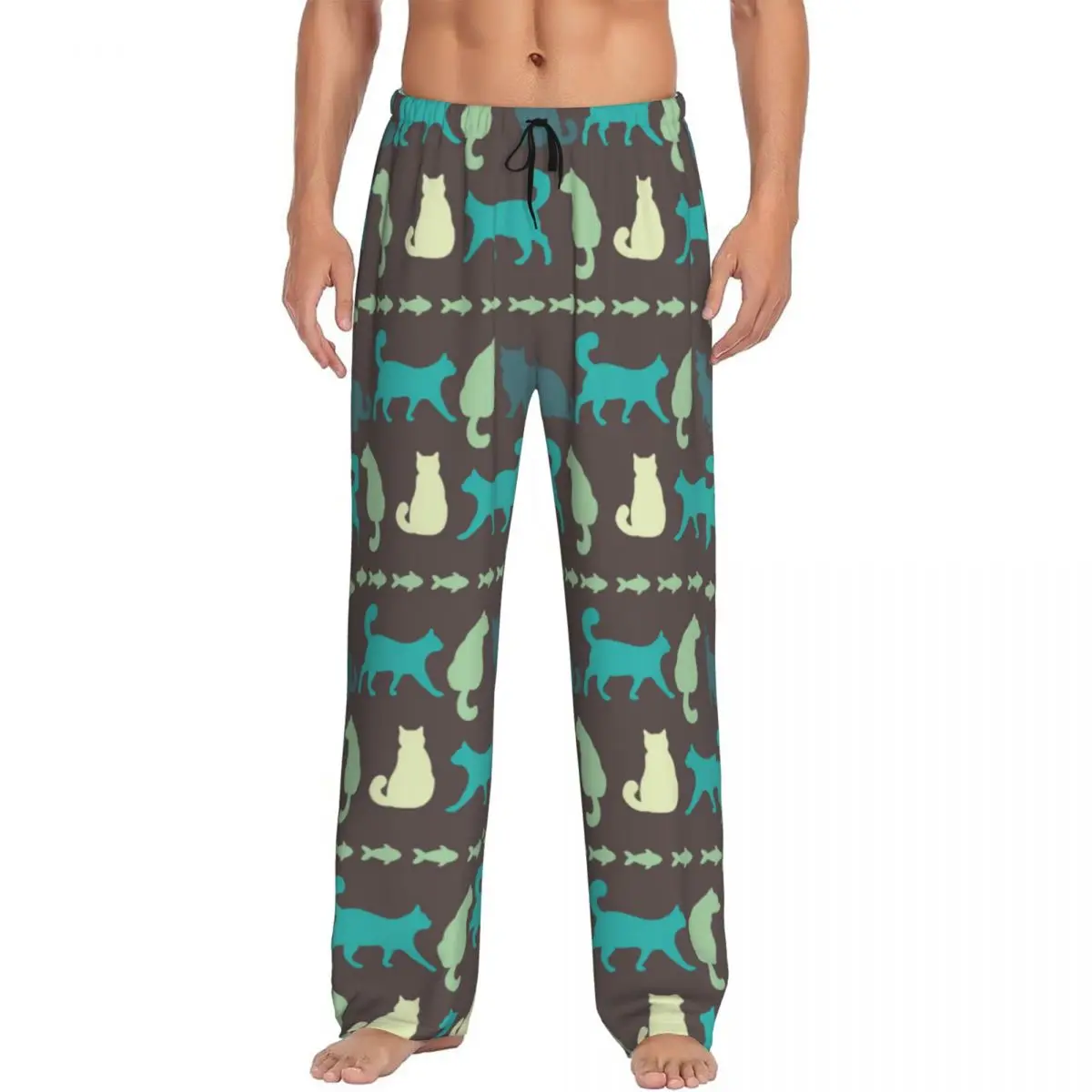 Yellow Green Cats Silhouette Men's Casual Pajama Sleeping Pants Lounge Loose Trousers Comfortable Nightwear