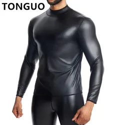 Camisa de cuero de manga larga con cuello levantado para hombre, ropa interior delgada, moldeadores de cuerpo, entrenador de cintura, Corsés, ropa moldeadora de barriga, camisas de cuero