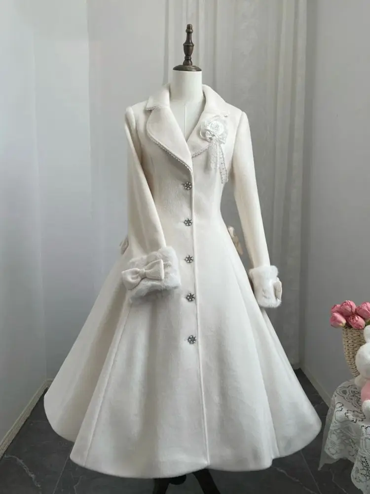 France Winter Vintage Elegant Slim Woolen Cloth Coat Women Designer Fashion Sweet Warm Bow Apricot Long Overcoat Clothes Female