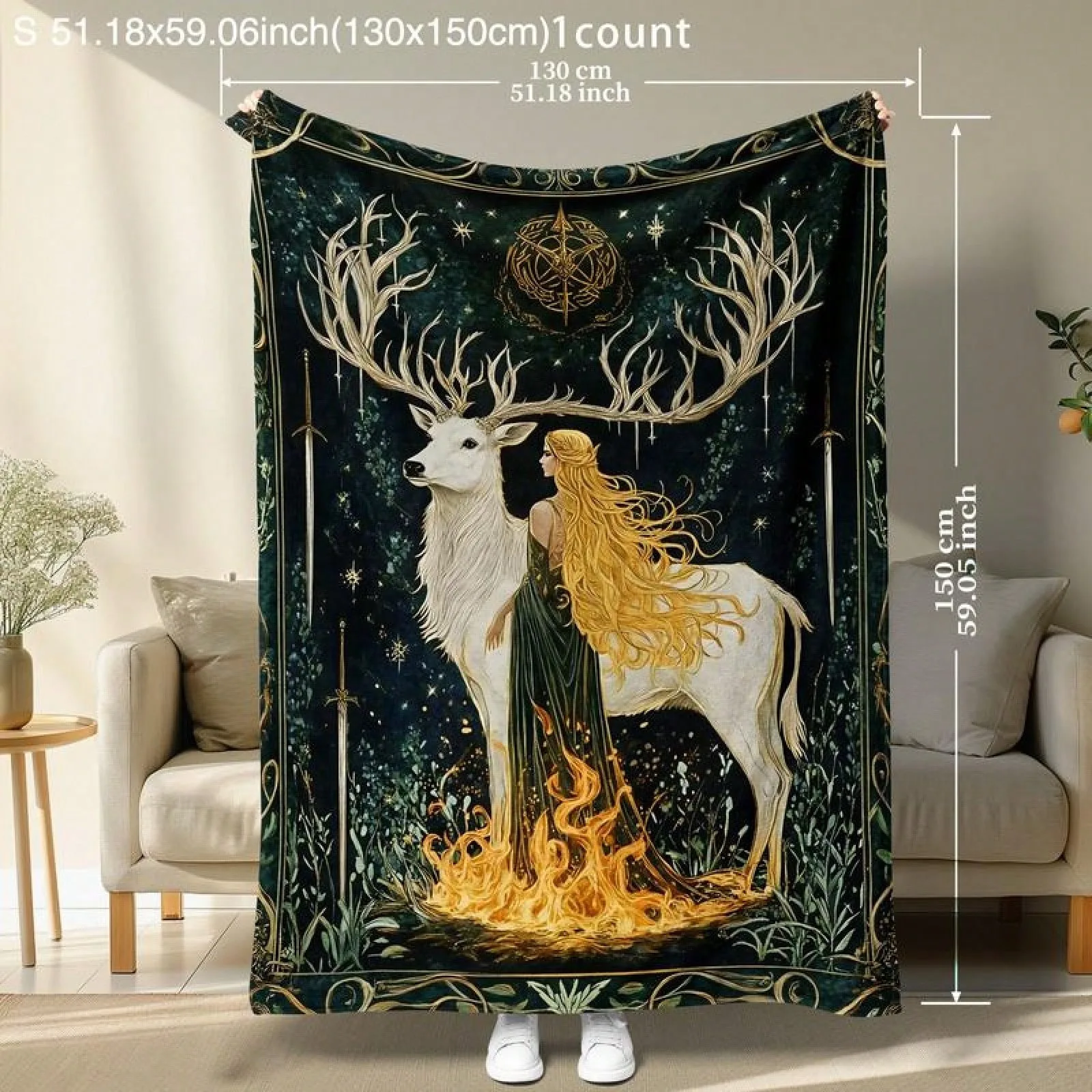 1pc Mystical Fantasy Deer Goddess Flannel Blanket Soft Warm Four Season Throw Blanket Holiday Gift for Bedroom Living Room Campi