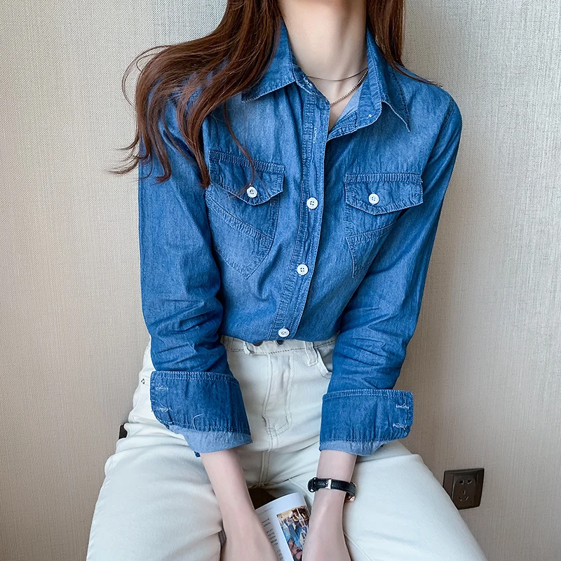 #3115 Spring Denim Shirt Women Slim Fit Casual Office Jeans Shirt Long Sleeve Womens Tops And Blouses Blue Cotton Thin Vintage