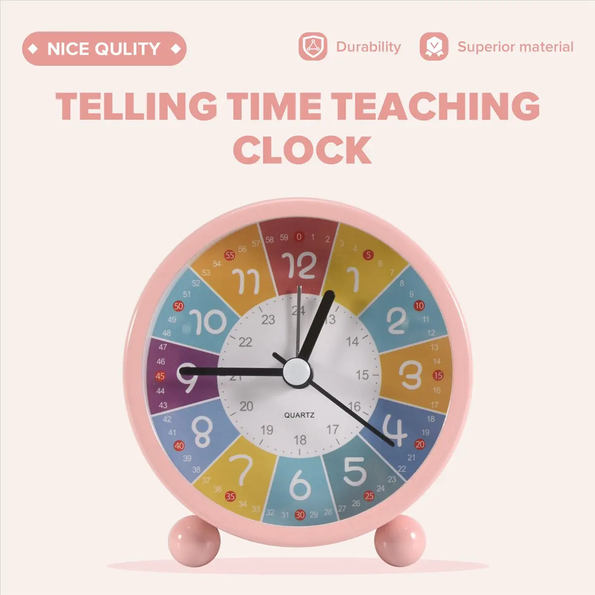 WDL Educational Wall Clock for Kids Learning Time, Silent Non-Ticking Decorative Clock for Classrooms or Bedrooms Pink