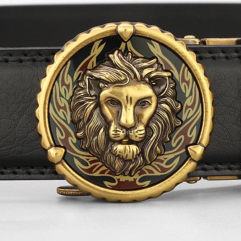 High quality Lion men betls Automatic Buckle luxury famous brand retro designers genuine leather gray younth jeans ceinture homm