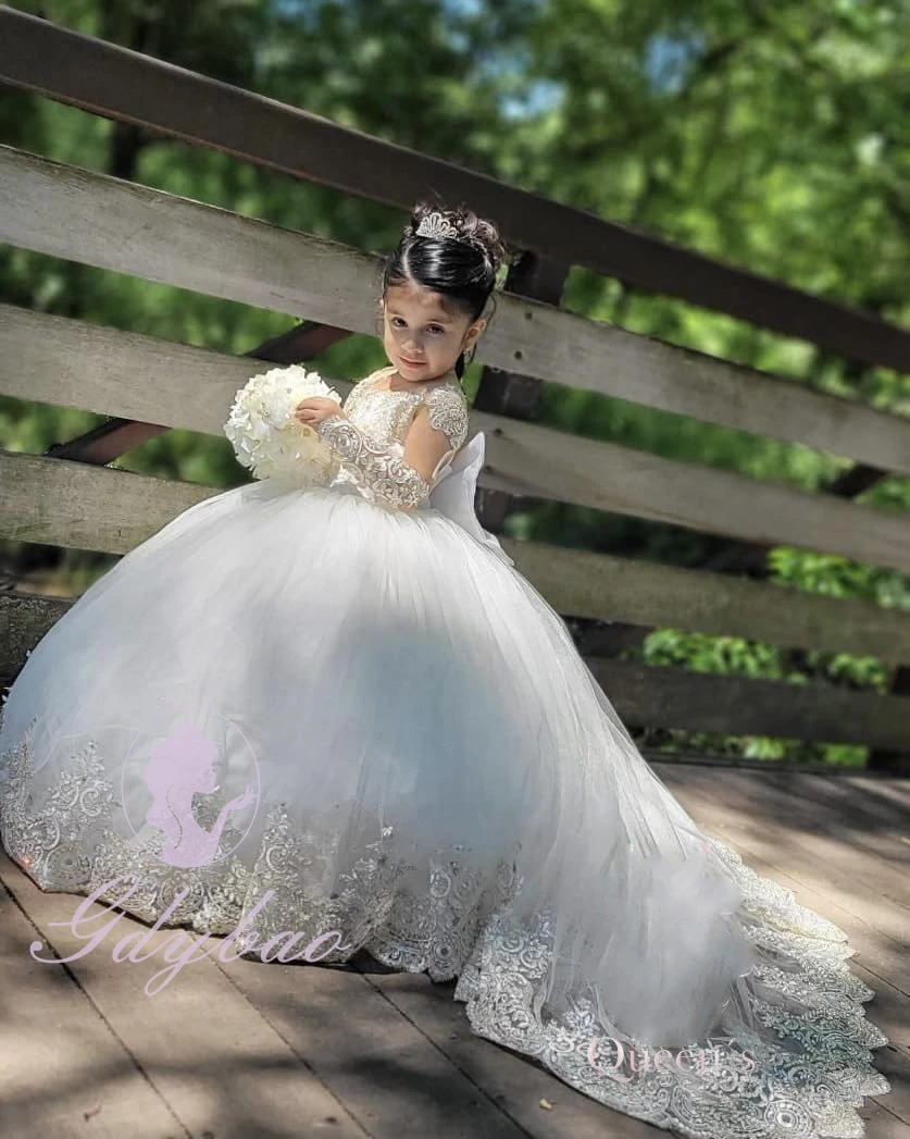 Customized Ivory Flower Girl Dresses For Wedding Appliques Floor Length Kids Birthday Party First Communion Pageant Gown