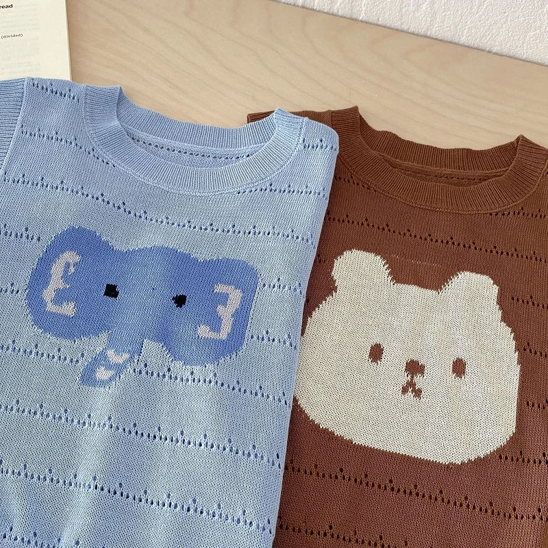 Urso dos desenhos animados infantil de malha tops e shorts, conjunto de roupas de malha infantil, outwear sem mangas, terno de menina, 0-5 anos, verão, novo, 2 peças