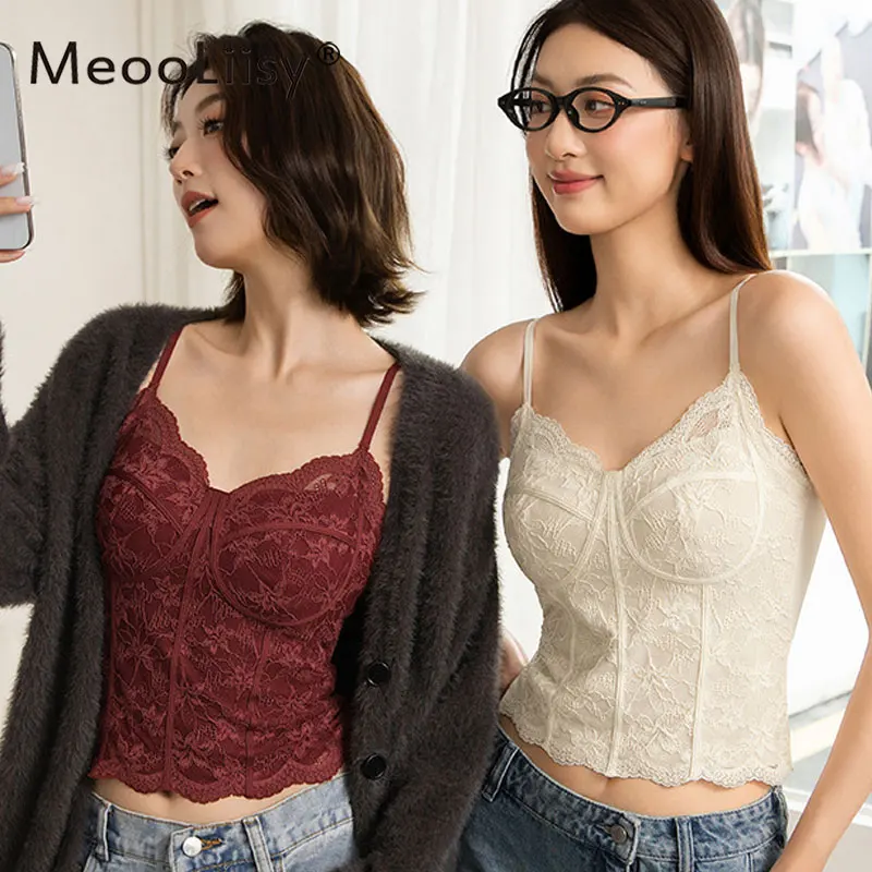 

MeooLiisy S-XL 2 In 1 French Lace Pure Beautiful Back Vest Tank Top Women Tops with Bra Underwear Camis