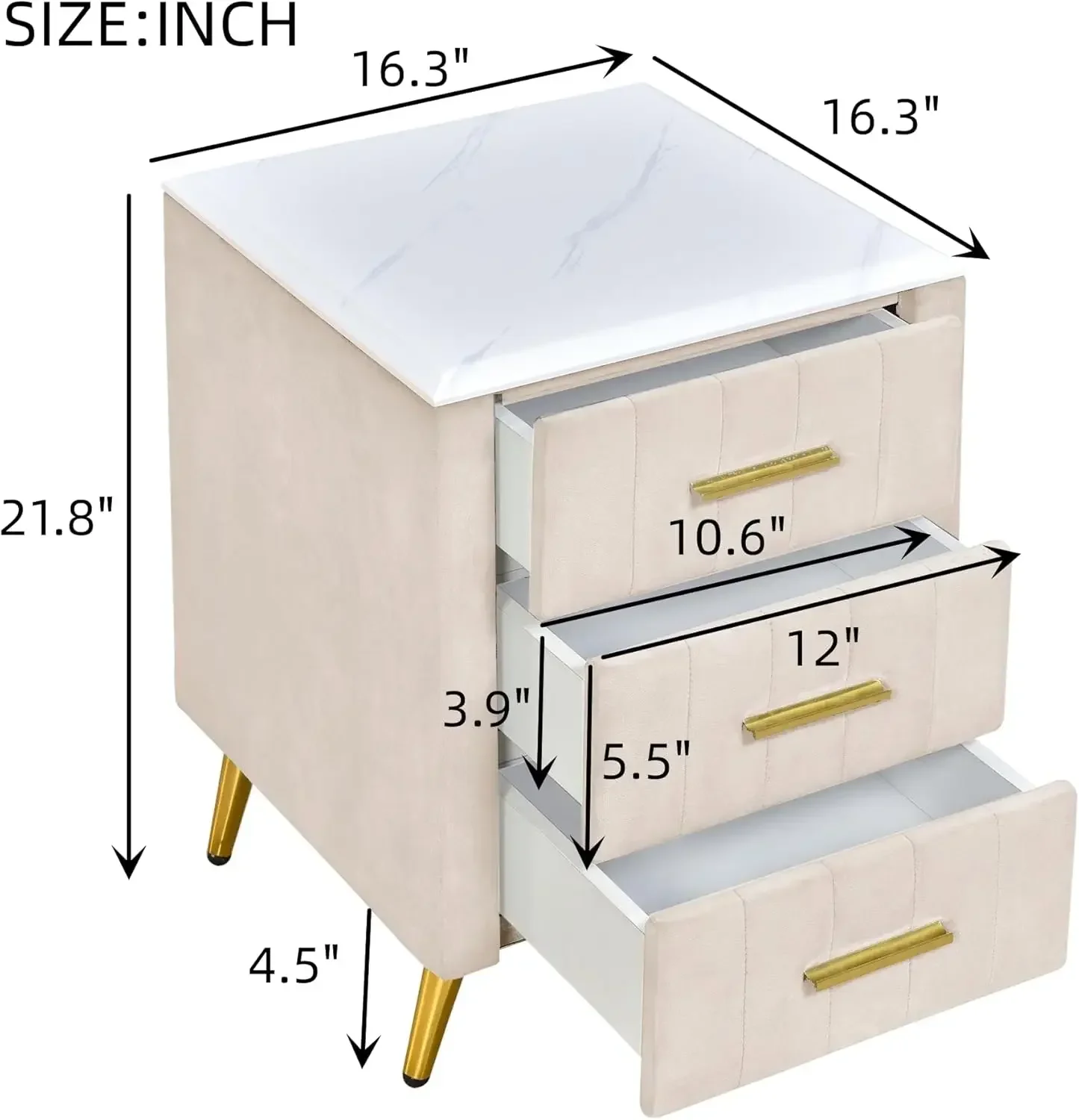 Modern Wooden Nightstand with 3 Drawers and Metal Legs&Handles,Velvet Upholstered Bedside Table with Marbling Worktop (Beige-01)