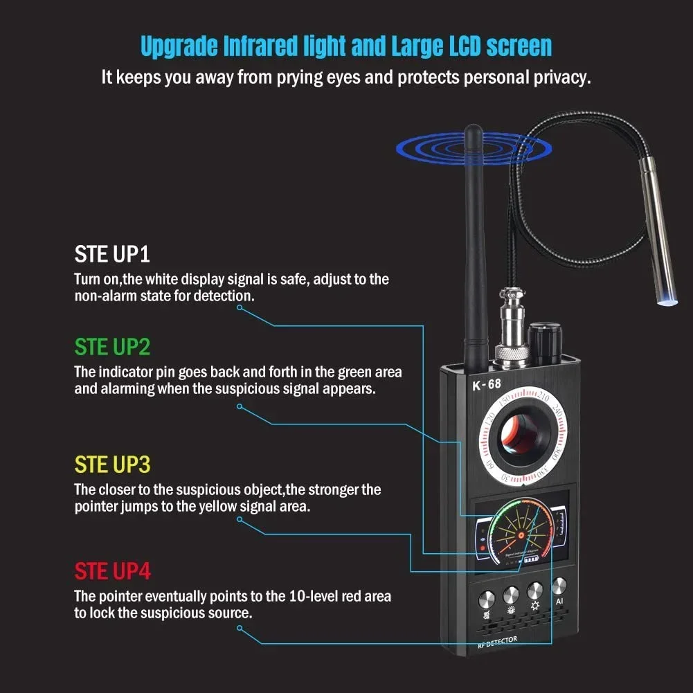 K68 anti-espião scanner detector câmera rf gsm áudio bug gps localizador rastreador pe66