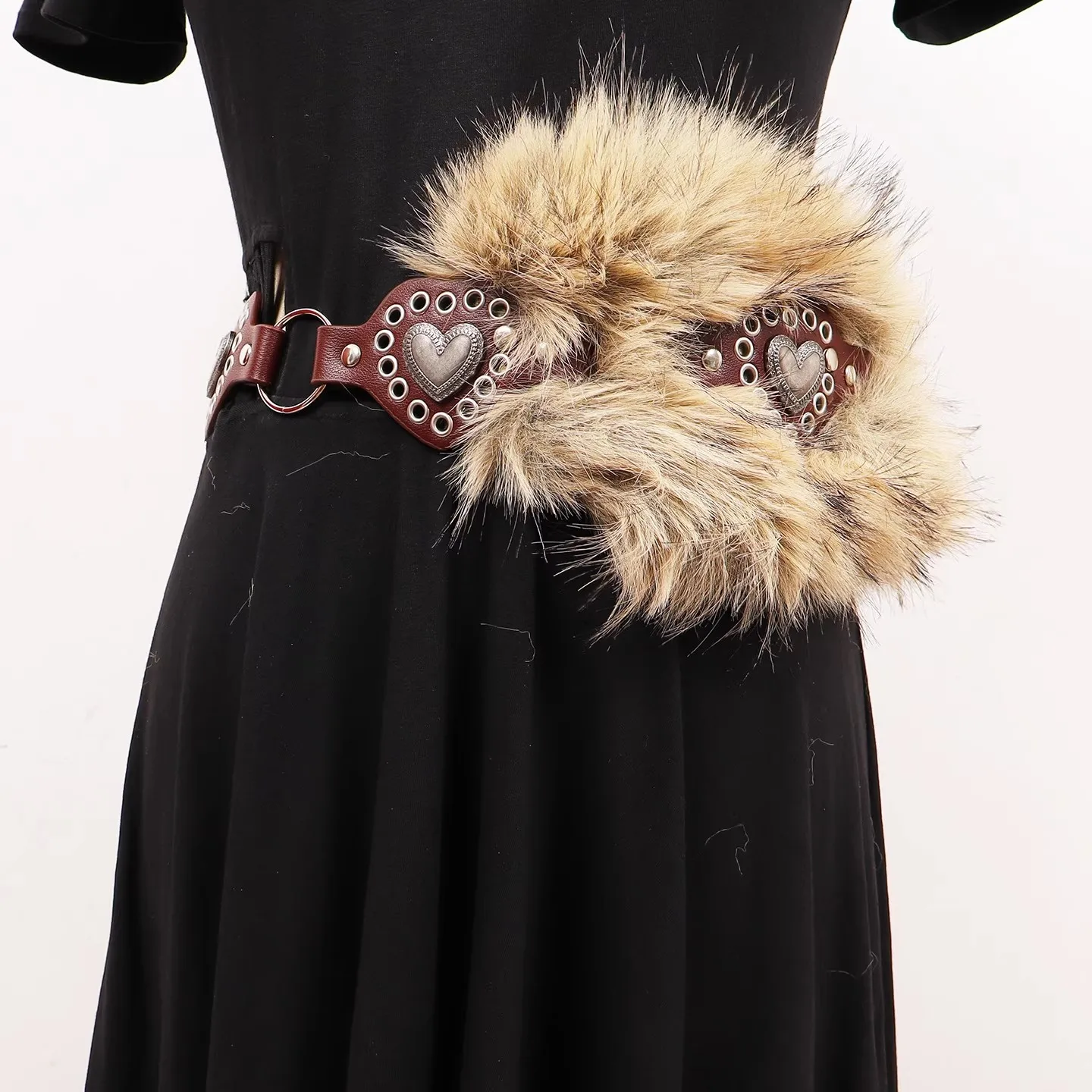 Women's Vintage Faux Fur Patchwork PU Leather Cummerbunds Female Dress Corsets Waistband Belts Decoration Wide Belt R3107