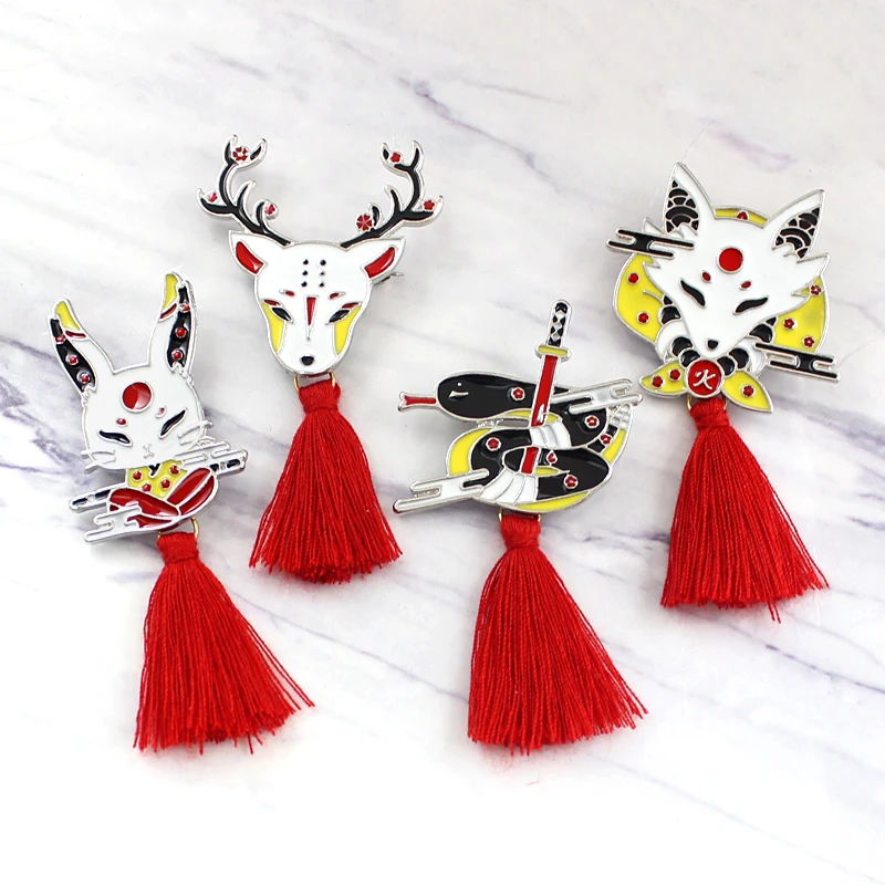 Vintage Animal Tassel Enamel Pins Japanese Ninja Rabbit Fire Fox Snake Kendo Sika Deer Brooch Backpack Badge Jewelry Accessories