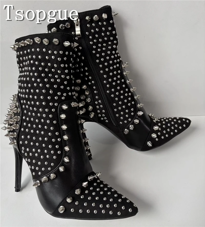 

Latest Design Silver Spikes Rivets Stiletto Boots Women Luxury Brand Sexy Pointed Toe Side Zipper High Heel Ankle Boots