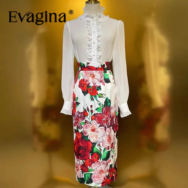 

Evagina Fashion design Women's Suit Ruffled-Neck Single-Breasted Tops+Slim-Fit Hip Wrap Print Skirt Silk 2-piece set