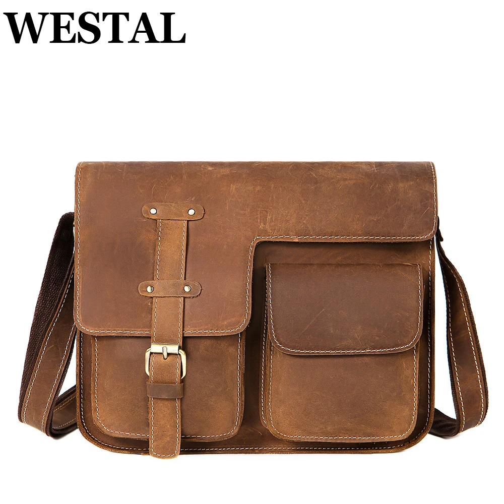 WESTAL Crazy Horse Leather Men's Bag Genuine Leather Men's Shoulder Bag Vintage Messenger Bags Satchels Handbags 1050