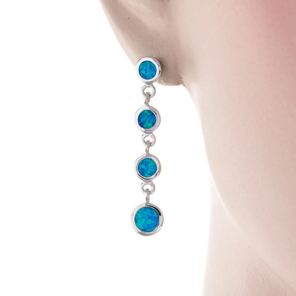 KONGMOON 4 Round Ocean Blue Fire Opal Jewelry for Women Piercing Drop Earrings