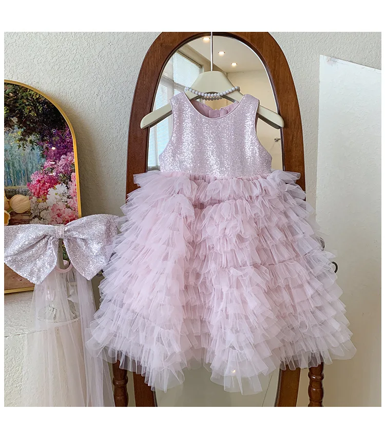 2026 New Baby Summer Girls Boutique Sequined Mesh Vest Tutu  Dress, Princess Kids Sweet Fashion  Party Dress  3-7 T