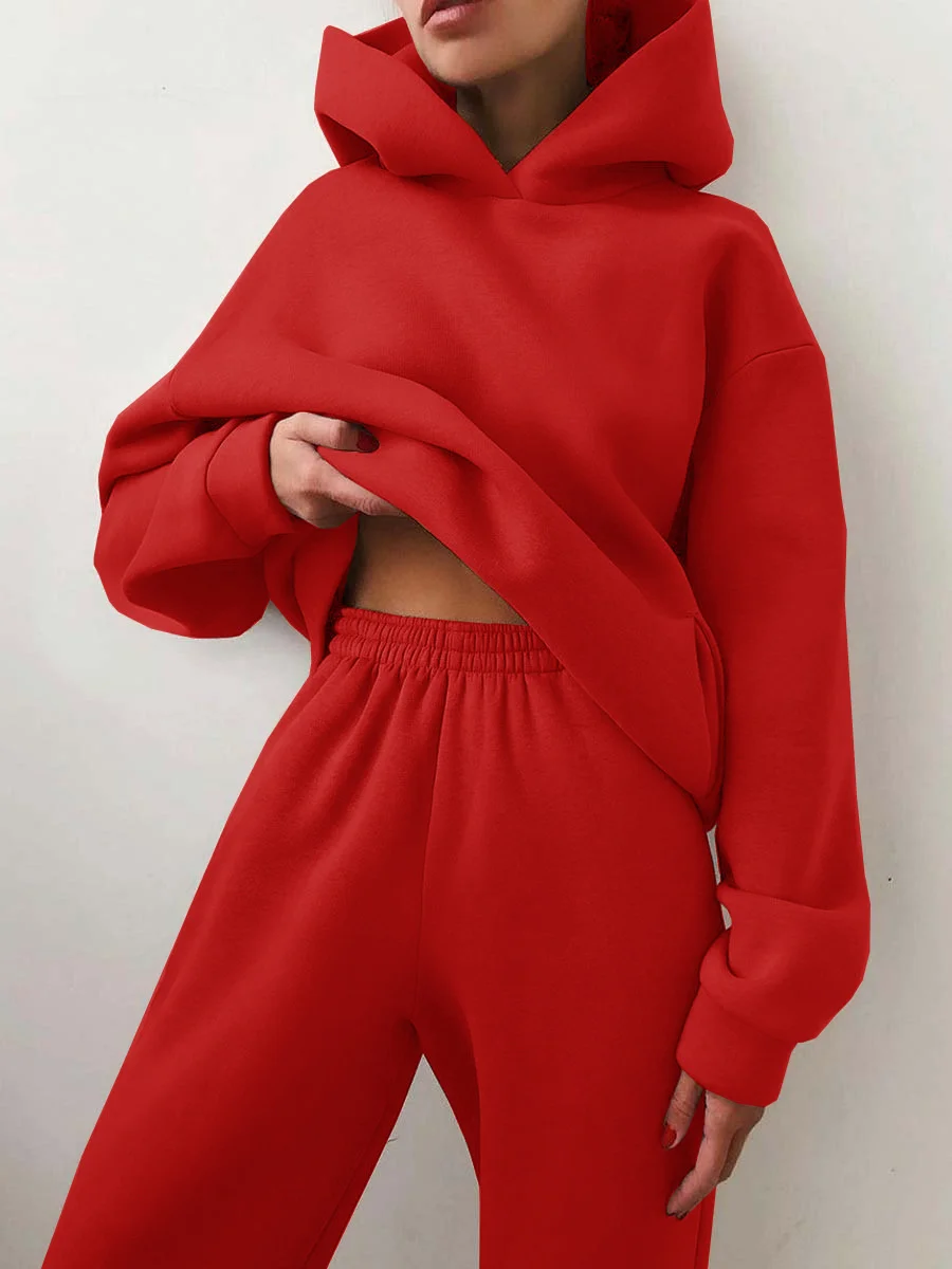 2026 Trend Lässige Mode Verdickter Langarm-Pullover und Hose Zweiteiliges Set mit Kappe für Damen – Detail 10
