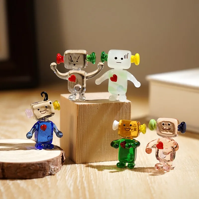 Cute Face Robot Handcrafted Glass Miniatures Office Computer Bookshelf Desk Decorative Art Craft Cartoon Glasses Robot Ornament