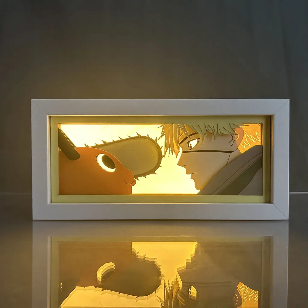 Anime Motosserra Homem Escultura de Papel Lâmpada, Anime Presente Circundante, Quarto Photo Frame, Bedhead Night Light, Desktop Decoração
