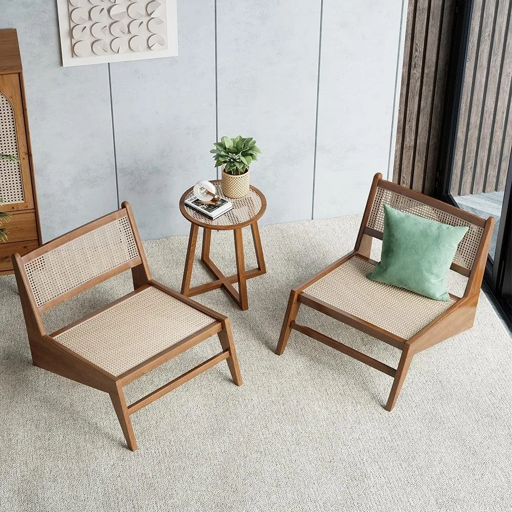 Cadeira moderna de meados do século japandi nogueira rattan e madeira espreguiçadeiras sem braços cadeira de acento para sala de estar quarto varanda & pa