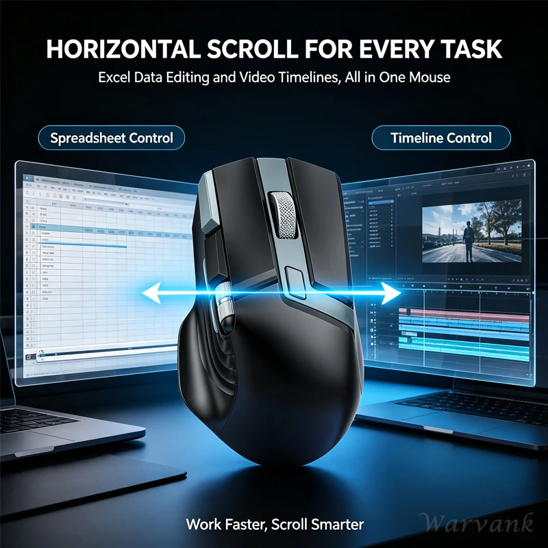 Warvank W1 Ergonomic Wireless Mouse With Side Scroll Wheel 3‑Channel Bluetooth Connection Rechargeable Mice For PC Laptop Office