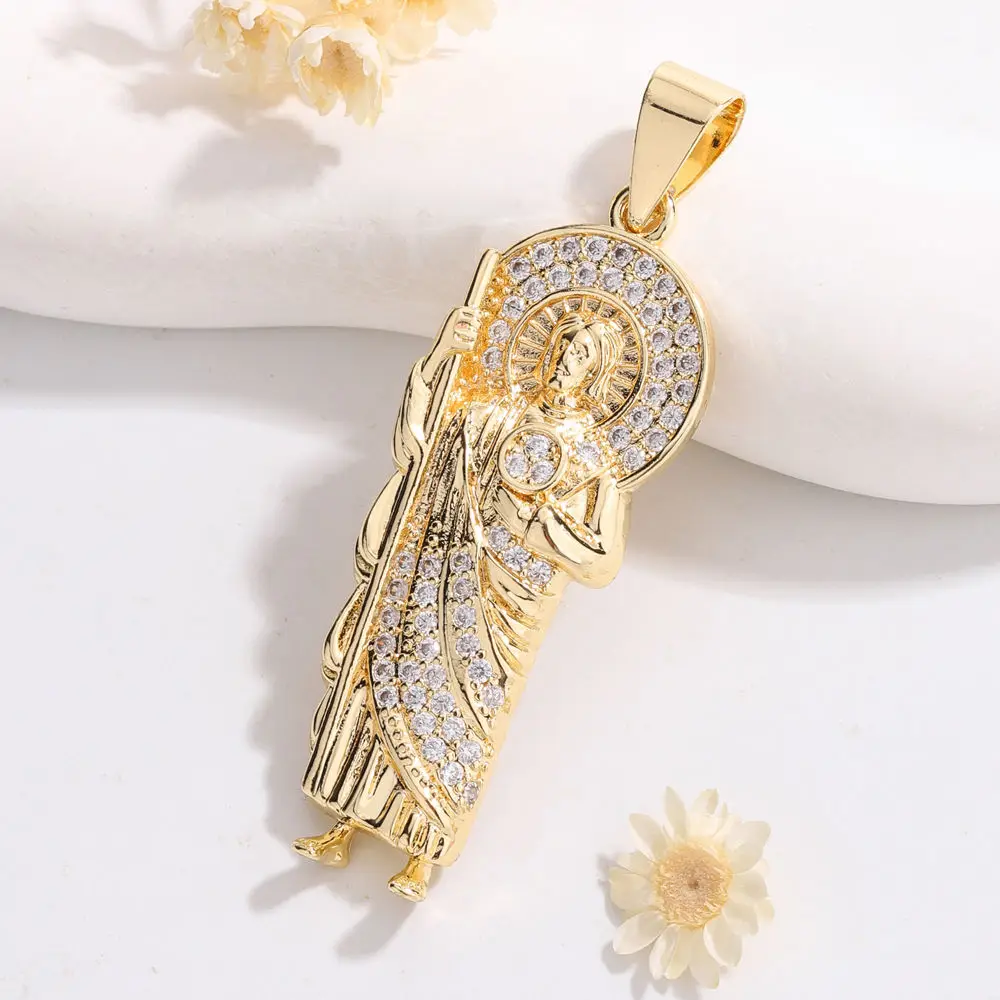 

Ruixi Fashion Hot Sale Hip Hop Religion Catholic St. Jude Father Copper Zircon Necklace Pendant for Friends Party Birthday Gift