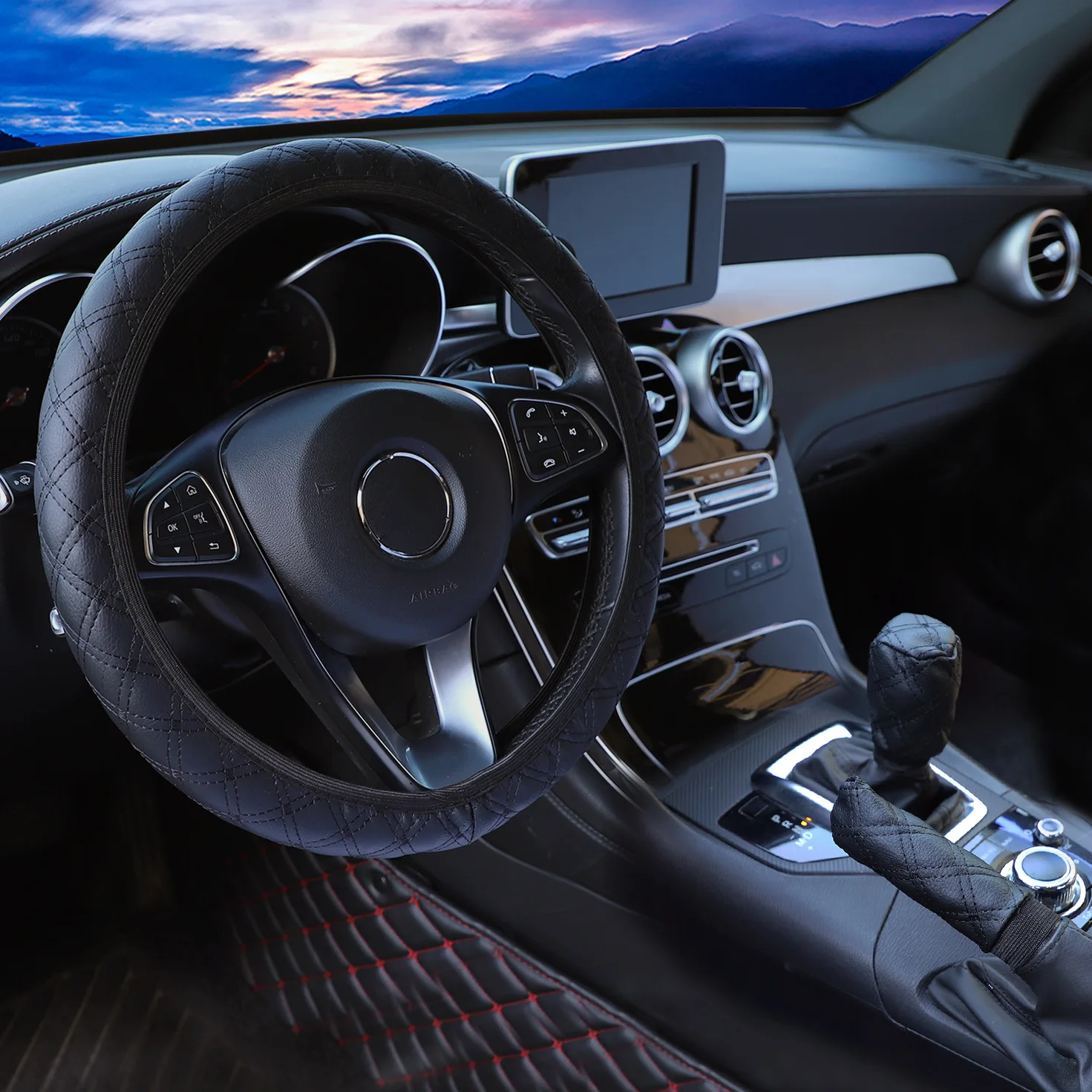 3Pcs/set Braid Fur Wheel Cover PU leather Car Steering Wheel Cover Hubs Steering Cover Hand Brake Gear Protective Cap