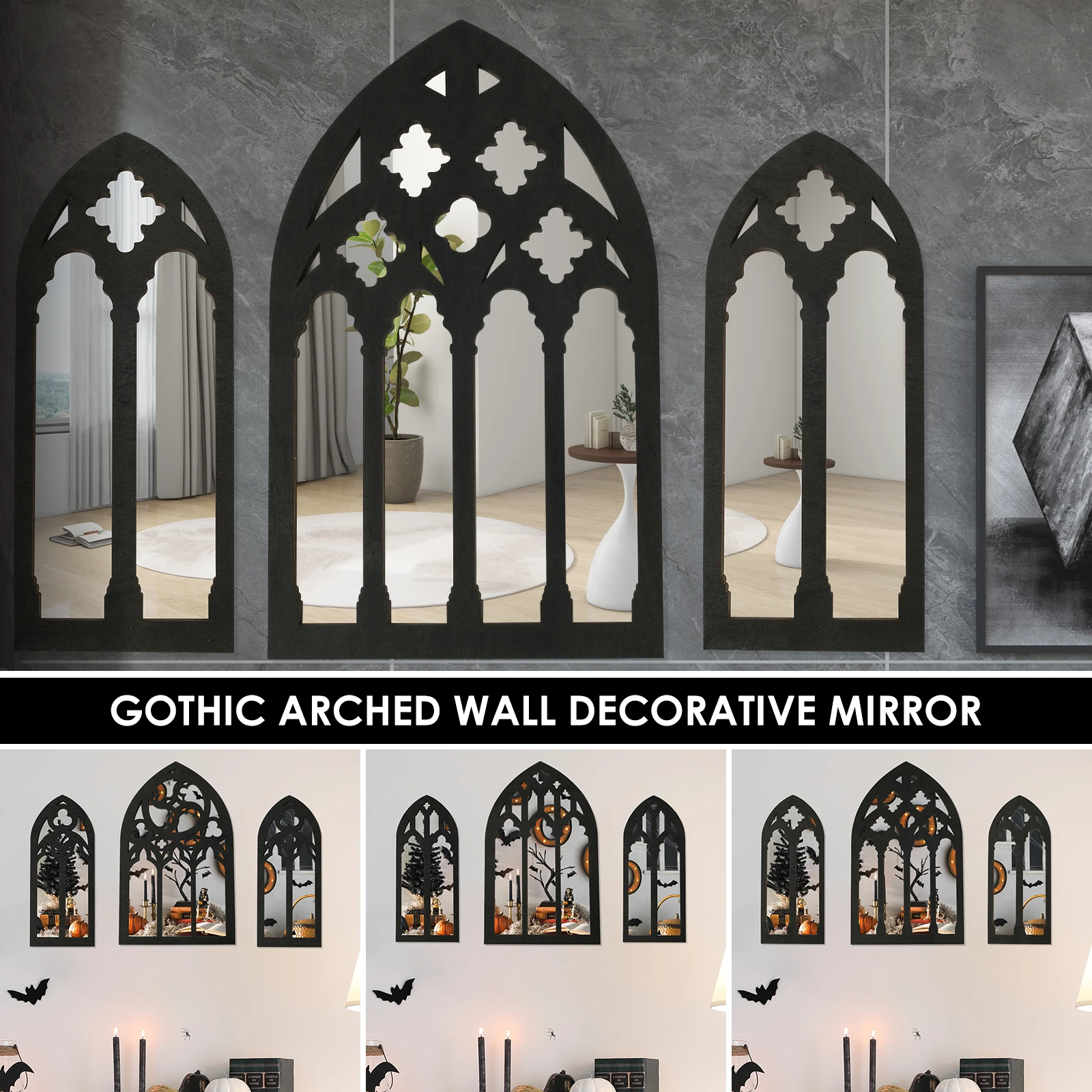 3Pcs Arched Window Wall Mirror Set Gothic Wall Mirror Decor Cathedral Arched Mirror Decor Self-Adhesive Arched Wall Mirror Decor