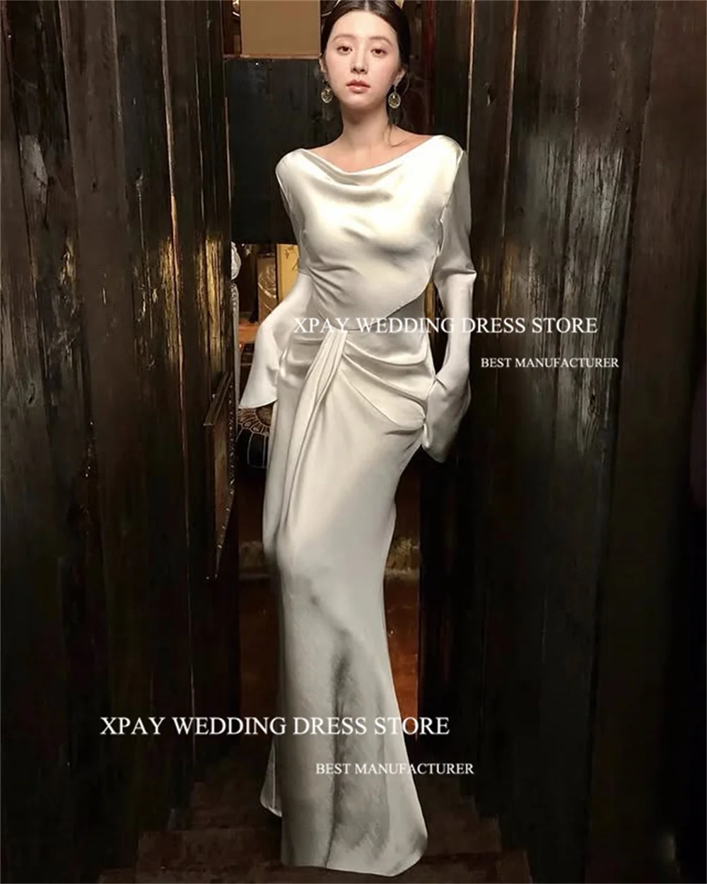 

XPAY Smple Jewel Korea Longsleeves Wedding Dresses Photography Shoot Silk Satin Bridal Dress Customized Mermaid Bride Gown