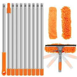 Window Squeegee Cleaner Kit with 13.78 FT Extension Pole 2 in 1 Double Sided Window Cleaner Duster Tool 180° Swivel Window