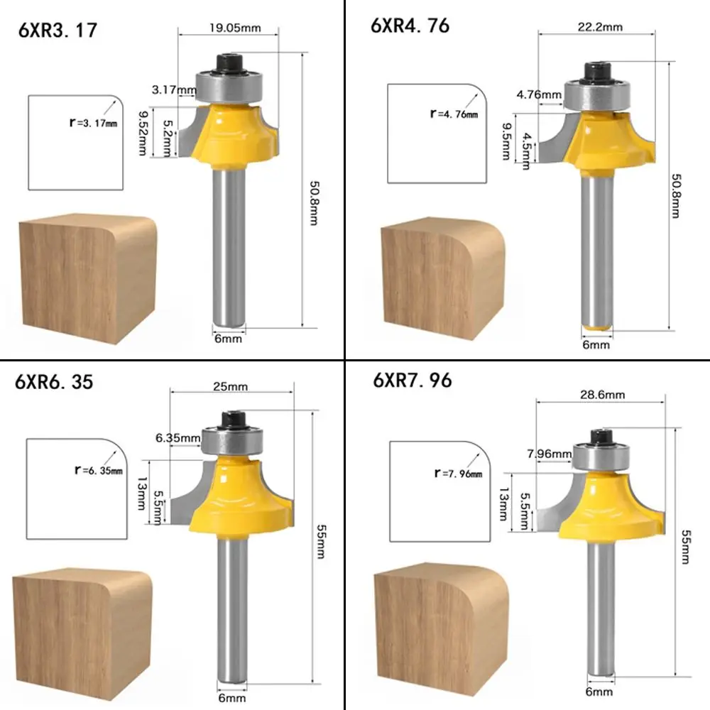 6mm Shank Corner Round Over Router Bit with Bearing Wood Carving Router Bit Carbide Milling Cutter Woodworking Tools