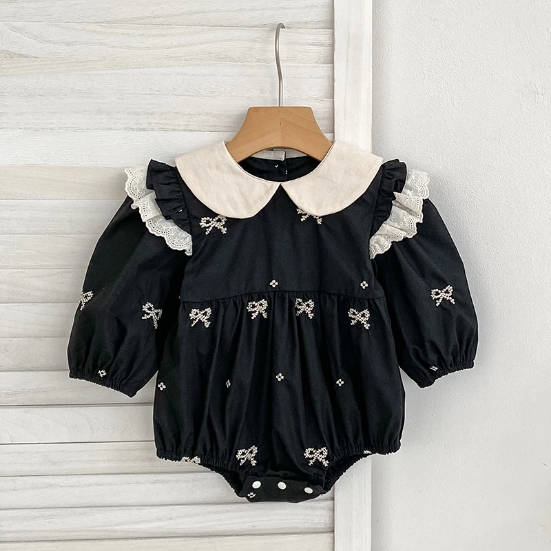 가을 0-24개월 아기 소녀 신상 의류 신생아 긴 소매 바디수트 리본 코튼 자수 유아 아기 소녀 점프수트