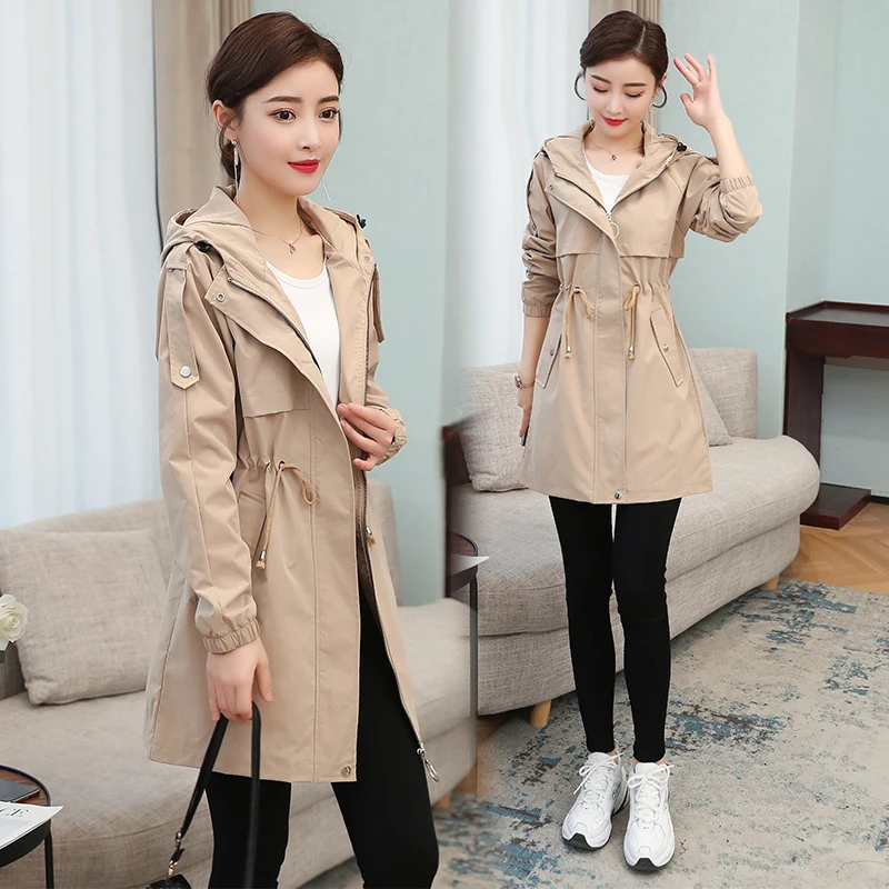 

2023. New Fashion Long Sleeve Windbreaker Women's Clothing Spring Autumn Hooded Trench Coats Female Outerwear j43