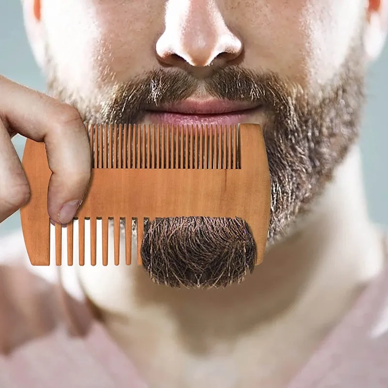 Natural Wooden Beard Comb+2Pcs Scissors Leather Case For Men Dual Action Fine Coarse Teeth Beard Styling Comb Daily Beard Care