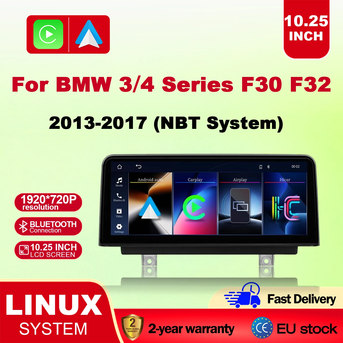 Lettore DVD multimediale per auto da 10,25 pollici per BMW Serie 3 F30 F31 F34 Serie 4 F32 F33 F36 2013-2017 con navigazione GPS, sistema Linux, Carplay wireless, radio, stereo e video