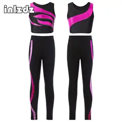 Kids Girls Gymnastics Set Sports Dance Outfits Sleeveless Shiny Rhinestones Crop Top with Leggings Stage Performance Clothes