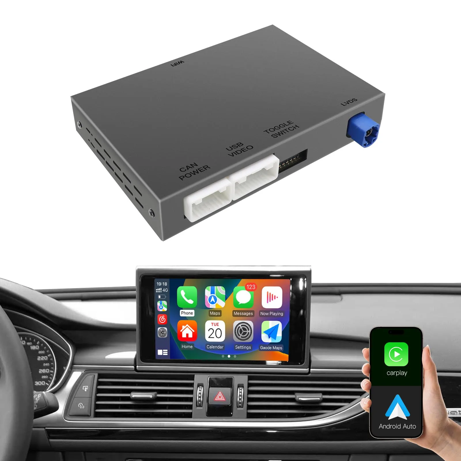 Bezprzewodowy moduł interfejsu CarPlay Android Auto do Audi A6 A7 C7 HN+R system 2011-2016 z Mirror Link Airplay Bluetooth Obsługuje kamerę — 2