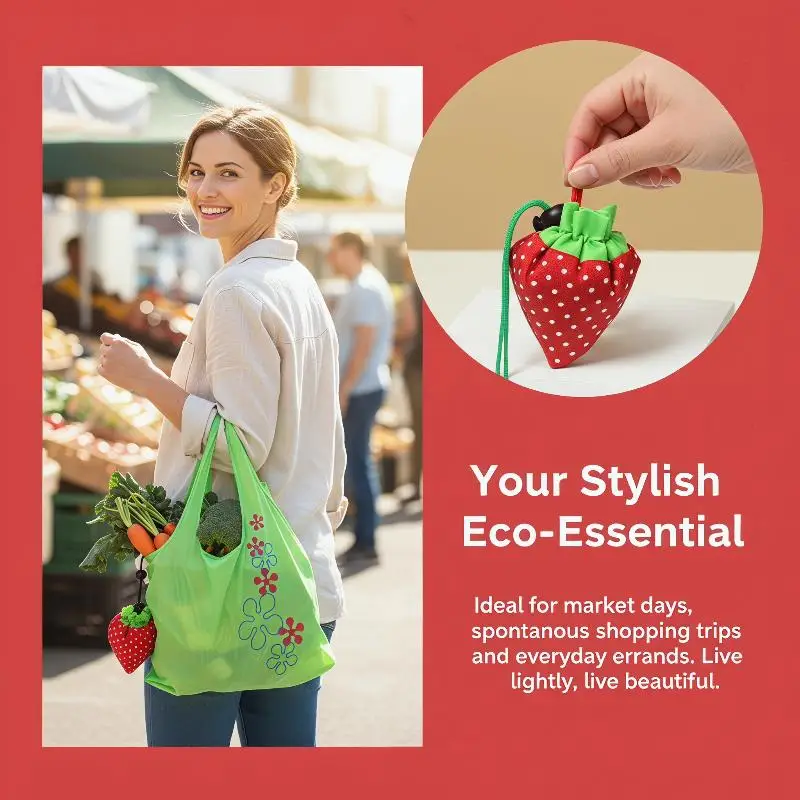 Eco Friendly Foldable Polyester Strawberry Printed Shopping Bag Reusable Shoulder Tote Pocket Grocery Bag For Travel Shopping