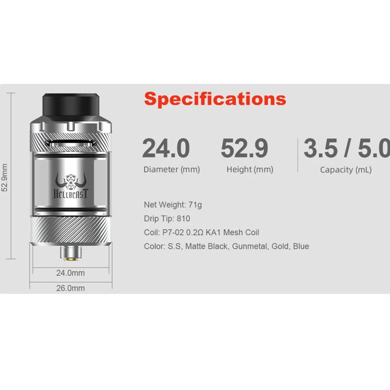 الأصلي Hellvape Hellbeast 2 Subohm خزان مزدوج لفائف Vape البخاخة 3.5 مللي/5.5 مللي 810 26 مللي متر مع P7-02 0.2ohm KA1 شبكة لفائف